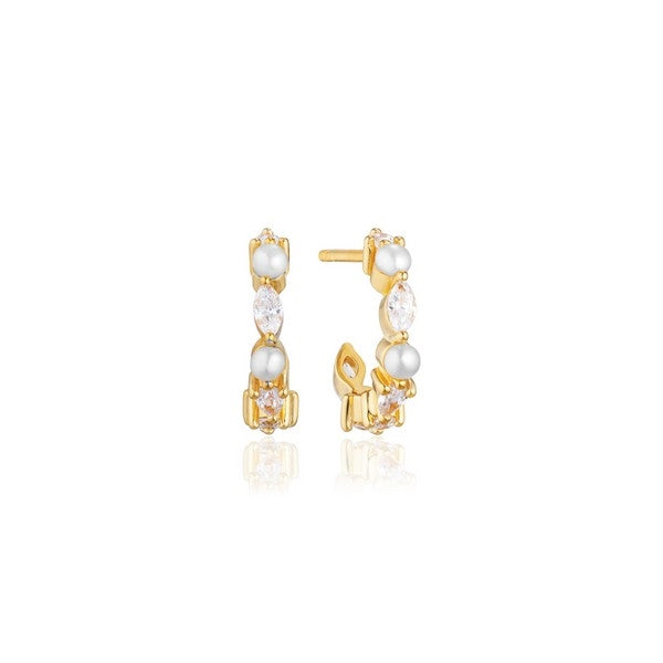 Adria Creolo Piccolo øreringe fra Sif Jakobs Jewellery i 18 karat forgyldt sølv med klare zirkonia og ferskvandsperler, 12 mm.